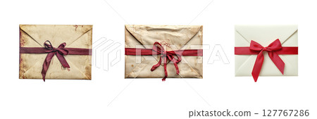 Vintage Envelopes With Red Ribbons Set. Nostalgic Correspondence And Gift Wrapping Collection Isolated On Transparent Background Vintage Envelopes With Red Ribbons Set. Nostalgic Correspondence And Gift Wrapping Collection Isolated On Transparent Background 127767286