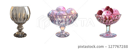 Crystal Glassware And Dessert Presentation Set. Elegant Dining And Culinary Art Collection Isolated On Transparent Background 127767288
