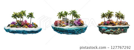 Tropical Miniature Islands With Coral Reefs Set. Exotic Marine Ecosystem Collection Isolated On Transparent Background 127767292