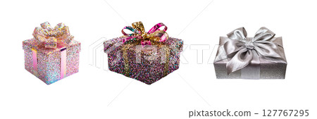 Glittery Gift Boxes With Bows Set. Festive Celebration And Holiday Packaging Collection Isolated On Transparent Background Glittery Gift Boxes With Bows Set. Festive Celebration And Holiday Packaging Collection Isolated On Transparent Background 127767295
