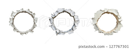 Three Circular Wall Holes Set. Construction And Demolition Concept Collection Isolated On Transparent Background 127767301