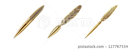 Elegant Gold Feather Pens Set. Luxurious Writing Instruments Collection Isolated On Transparent Background 127767334