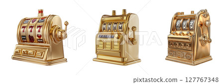 Golden Slot Machines Set. Casino Gaming And Entertainment Collection Isolated On Transparent Background 127767348