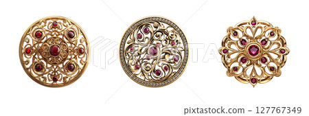 Ornate Gold Brooches With Red Gemstones Set. Luxury Jewelry Design Collection Isolated On Transparent Background Ornate Gold Brooches With Red Gemstones Set. Luxury Jewelry Design Collection Isolated On Transparent Background 127767349