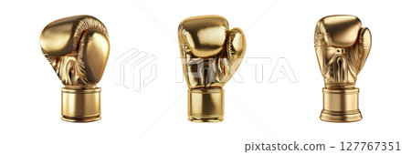 Golden Boxing Glove Trophies Set. Sports Achievement And Victory Collection Isolated On Transparent Background 127767351