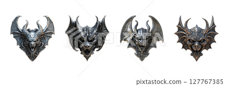 Gothic Gargoyle Wall Sculptures Set. Dark Fantasy Decor Collection Isolated On Transparent Background 127767385
