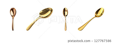 Golden And Copper Spoons Set. Luxury Dining And Tableware Collection Isolated On Transparent Background 127767386
