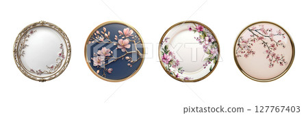 Elegant Floral Porcelain Plates Set. Artistic Tableware And Home Decor Collection Isolated On Transparent Background 127767403