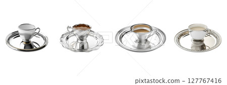 Elegant Silver Teacup And Saucer Set. Luxury Dining And Tableware Collection Isolated On Transparent Background 127767416