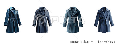 Blue Trench Coats Collection Set. Fashionable Outerwear For Stylish Winter Wardrobe Isolated On Transparent Background 127767454