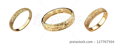 Gold Floral Engraved Rings Set. Elegant Jewelry Design Collection Isolated On Transparent Background 127767504