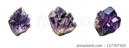 Amethyst Crystal Cluster Set. Natural Healing And Mineral Collection Isolated On Transparent Background 127767505