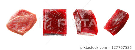 Raw Tuna And Beef Cuts Set. Fresh Seafood And Meat Selection Collection Isolated On Transparent Background 127767525