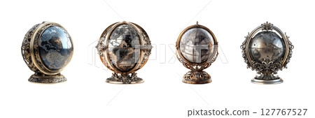 Ornate Antique Globes Set. Vintage Cartography And Decorative Art Collection Isolated On Transparent Background 127767527