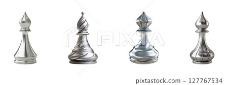 Silver Chess Bishop Pieces Set. Elegant Game Strategy And Design Collection Isolated On Transparent Background 127767534
