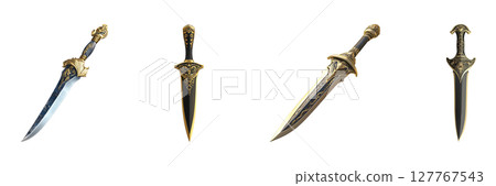 Exquisite Fantasy Daggers And Swords Set. Medieval Weaponry And Design Collection Isolated On Transparent Background 127767543