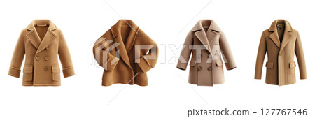Four Stylish Brown Coats Set. Fashionable Outerwear For Autumn And Winter Collection Isolated On Transparent Background Four Stylish Brown Coats Set. Fashionable Outerwear For Autumn And Winter Collection Isolated On Transparent Background 127767546