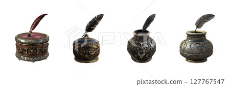Ornate Inkwell And Quill Set. Vintage Writing Tools Collection Isolated On Transparent Background Ornate Inkwell And Quill Set. Vintage Writing Tools Collection Isolated On Transparent Background 127767547