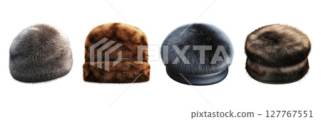 Fur Hat Collection Set. Luxurious Winter Fashion Accessories Collection Isolated On Transparent Background 127767551