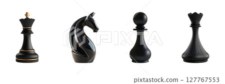 Black Chess Pieces Set. Strategic Thinking And Game Design Collection Isolated On Transparent Background 127767553