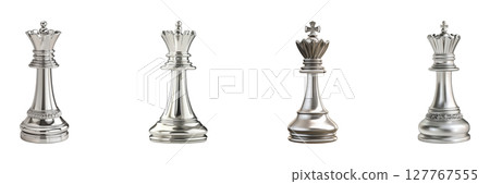 Silver Chess Queen Pieces Set. Luxury Strategy And Game Design Collection Isolated On Transparent Background 127767555