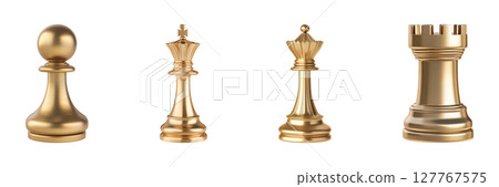 Golden Chess Pieces Set. Luxury Strategy And Game Collection Isolated On Transparent Background 127767575