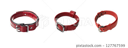 Red Leather Dog Collars Set. Pet Accessories And Fashion Collection Isolated On Transparent Background 127767599