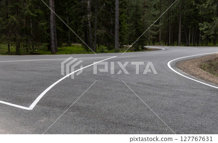 A paved road curves in a forested area, marked with directional arrows 127767631
