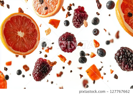 Fruits floating in the air. white background Fruits floating in the air. white background 127767662