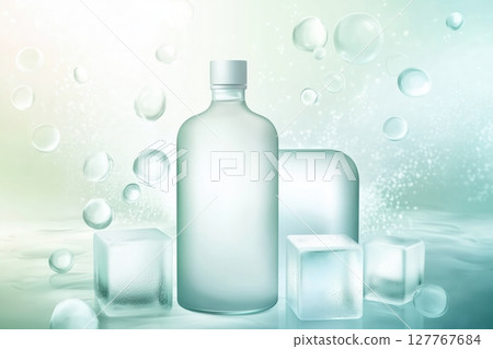 A bottle of vodka next to ice cubes. 127767684