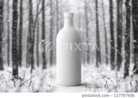 Glass vodka bottle in snowy nordic forest. Glass vodka bottle in snowy nordic forest. 127767686