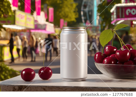 500ml drink in an aluminum next to bowl of cherries 500ml drink in an aluminum next to bowl of cherries 127767688
