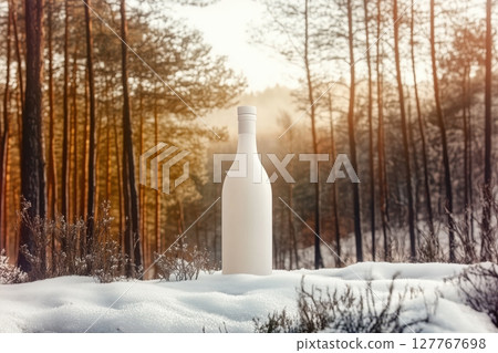 Glass vodka bottle in snowy nordic forest. 127767698