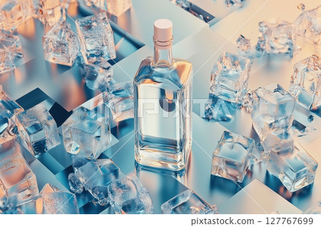 A bottle of vodka next to ice cubes. A bottle of vodka next to ice cubes. 127767699
