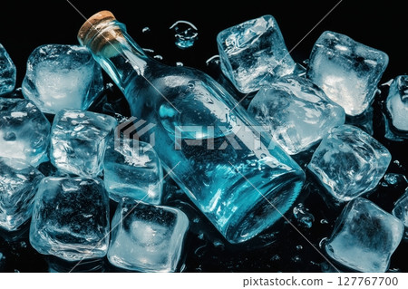 A bottle nestled amongst sparkling ice cubes 127767700
