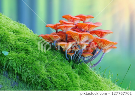 Wild mushrooms on the moss. Fungi 127767701