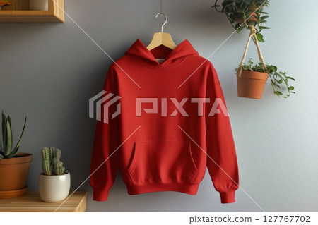 A unisex hoodie on a hanger with a wall in the background 127767702