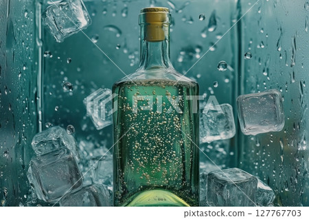 A bottle nestled amongst sparkling ice cubes A bottle nestled amongst sparkling ice cubes 127767703