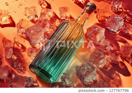A bottle nestled amongst sparkling ice cubes 127767706