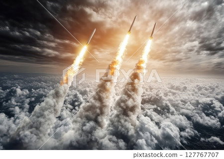 Hypersonic missiles flies through clouds.. Modern weapon. 127767707