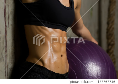 A woman`s athletic body. Abdominal muscles 127767736