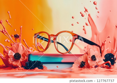 Glasses on a colorful background. Advertising photo 127767737