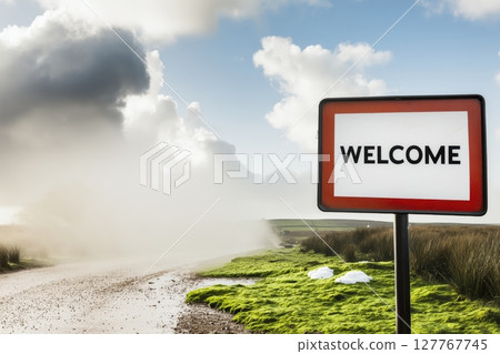 Welcome sign on the road. Foggy landscape 127767745