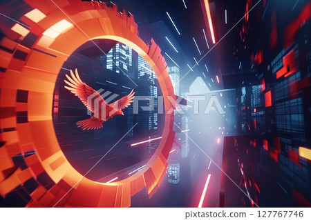 Digital Fiery phoenix rising from a swirl of digital particles in red and orange, glowing embers Digital Fiery phoenix rising from a swirl of digital particles in red and orange, glowing embers 127767746