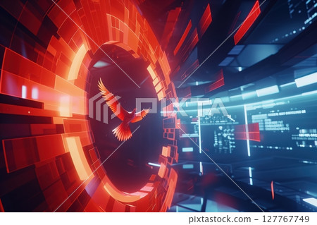 Digital Fiery phoenix rising from a swirl of digital particles in red and orange, glowing embers Digital Fiery phoenix rising from a swirl of digital particles in red and orange, glowing embers 127767749