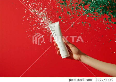 Female hand holding white tube. colorful background 127767759