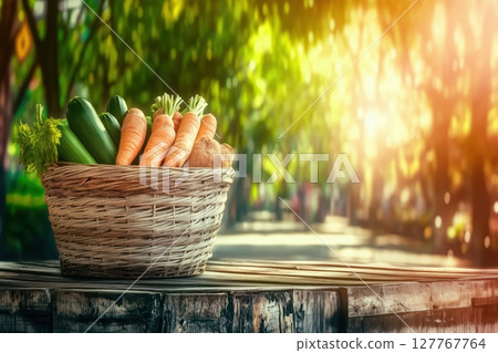 Wicker basket filled with fresh vegetables like tomatoes, carrots, and zucchini, Wicker basket filled with fresh vegetables like tomatoes, carrots, and zucchini, 127767764