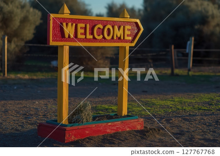 Red Welcome sign on the road Red Welcome sign on the road 127767768