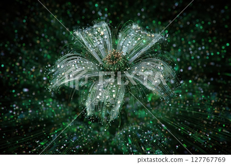 Mechanical flower with silver petals and glowing green circuits Mechanical flower with silver petals and glowing green circuits 127767769