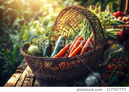 Wicker basket filled with fresh vegetables like tomatoes, carrots, and zucchini, 127767773